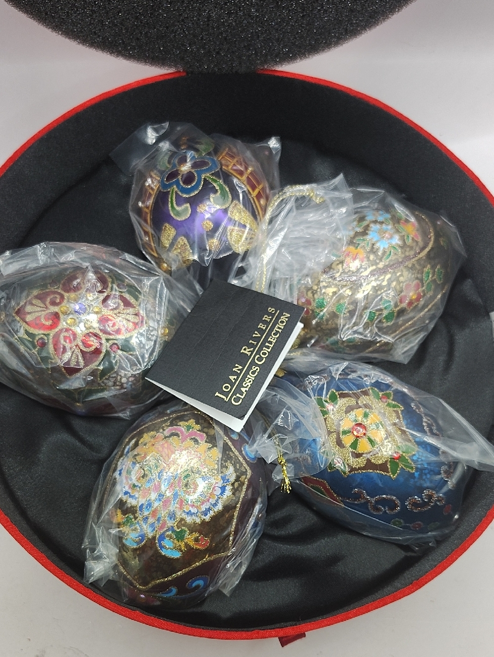 Joan Rivers Multicolor Decorative Glass Egg Ornaments, Round Satin Box Set of 5